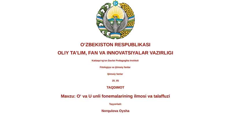 Oʻ va U unli fonemalarining ilmosi va talaffuzi 1