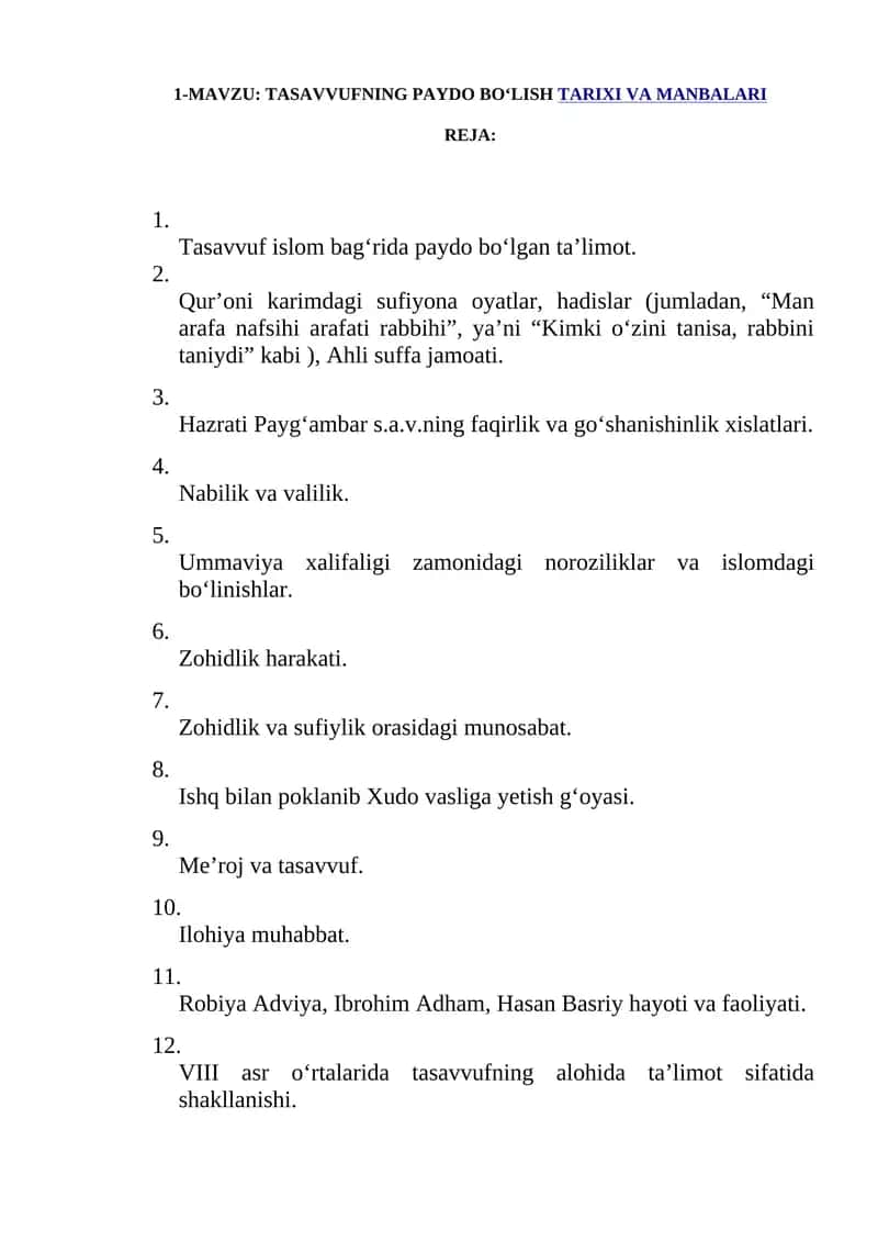 TASAVVUFNING PAYDO BO‘LISH TARIXI VA MANBALARI 1