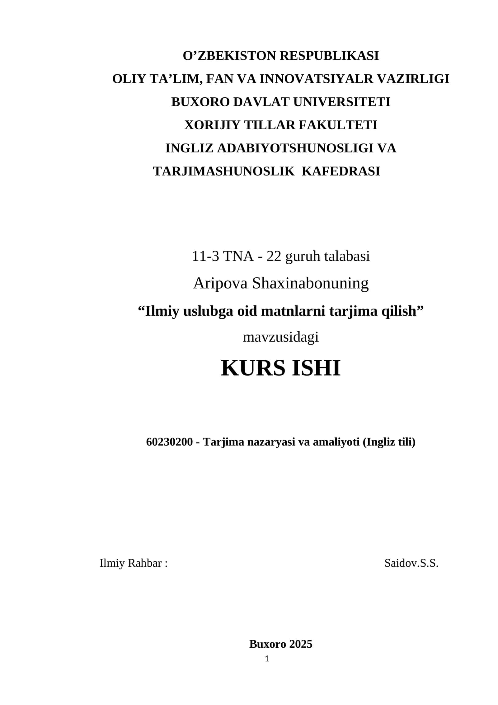 Tarjima nazaryasi va amaliyoti (Ingliz tili) 1