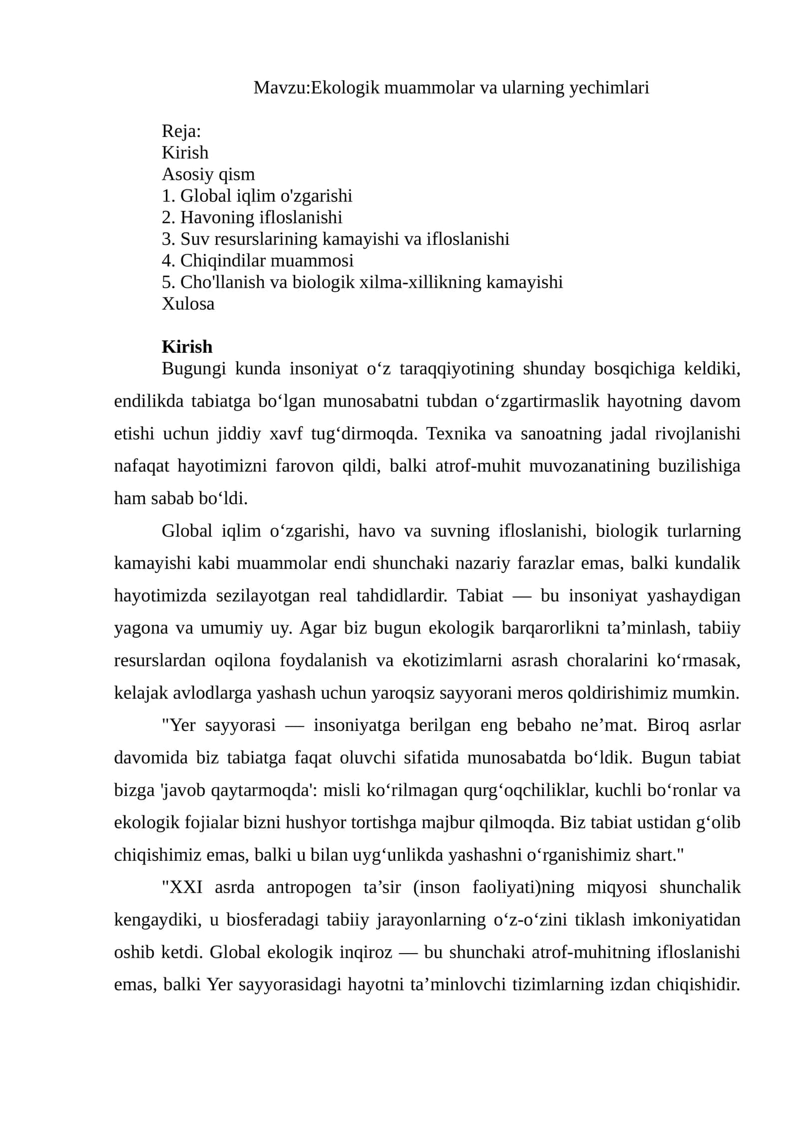 Ekologik muammolar va ularning yechimlari mustaqil ish 1
