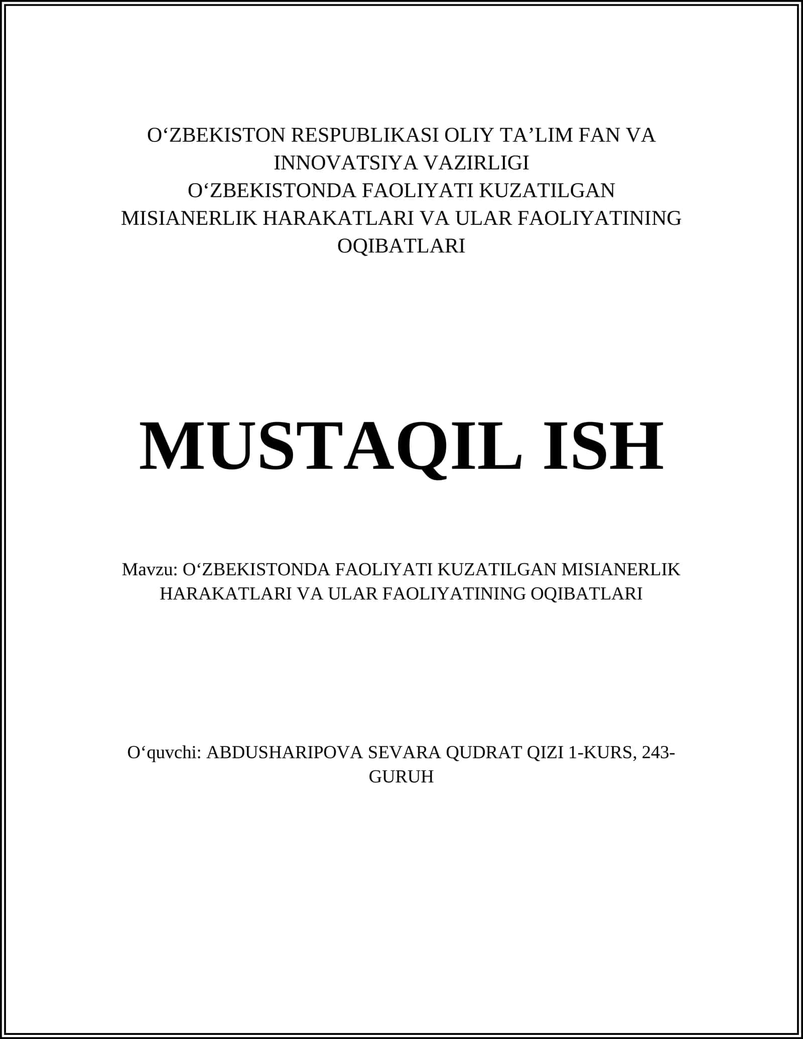 O'ZBEKISTONDA FAOLIYATI KUZATILGAN MISIANERLIK HARAKATLARI VA ULAR FAOLIYATINING OQIBATLARI 1