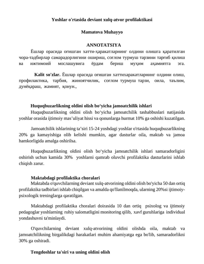 Yoshlar o'rtasida deviant xulq-atvor profilaktikasi 1