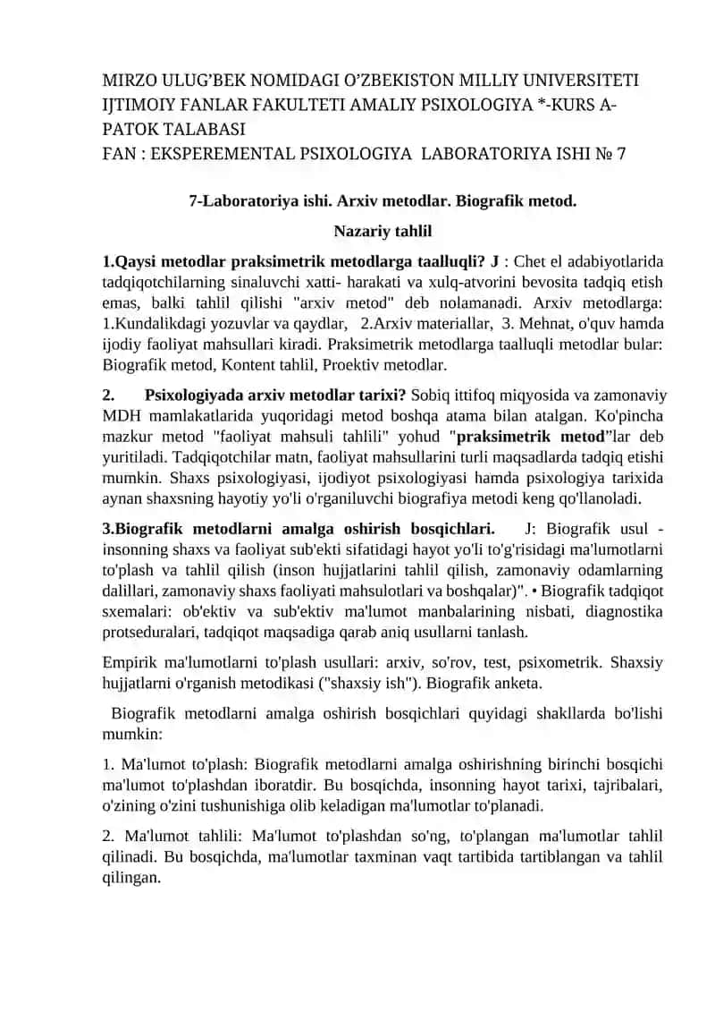 Arxiv metodini psixologiyada tadbiq etish.