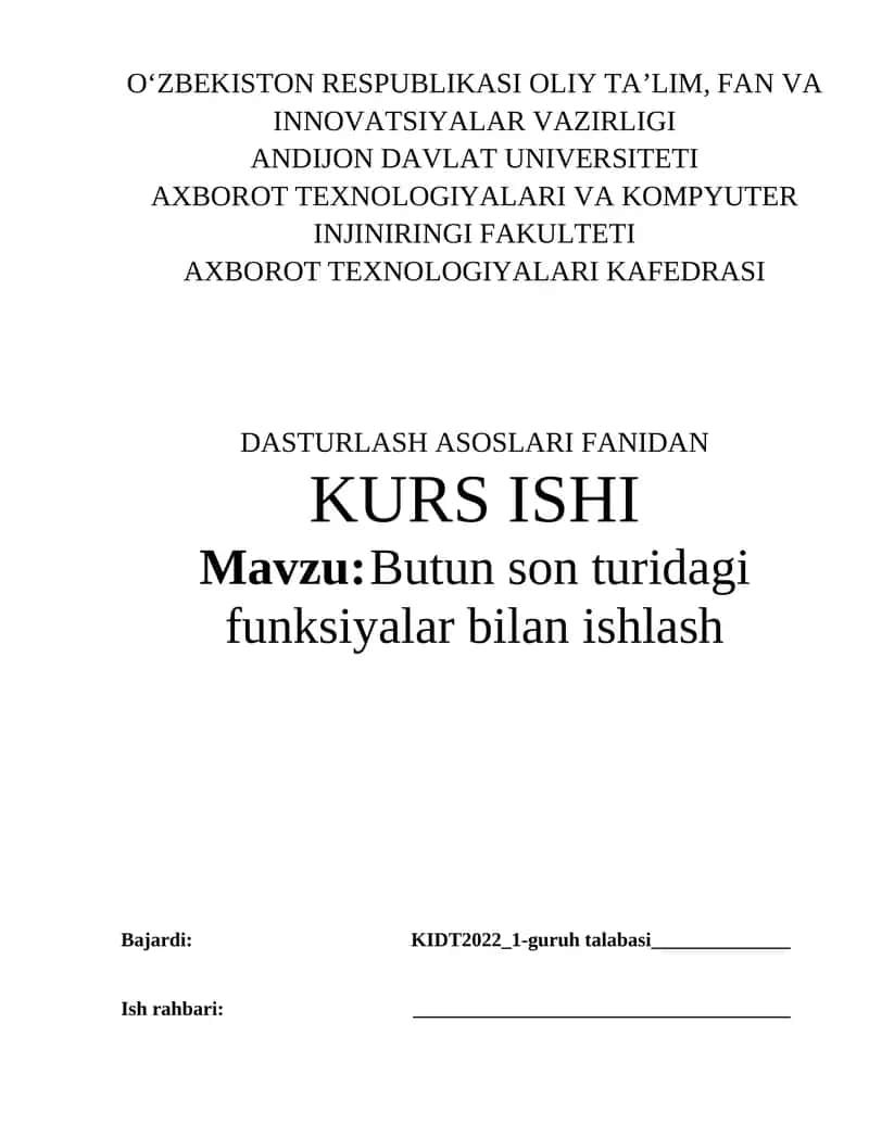 Butun son turidagi funksiyalar bilan ishlash 1