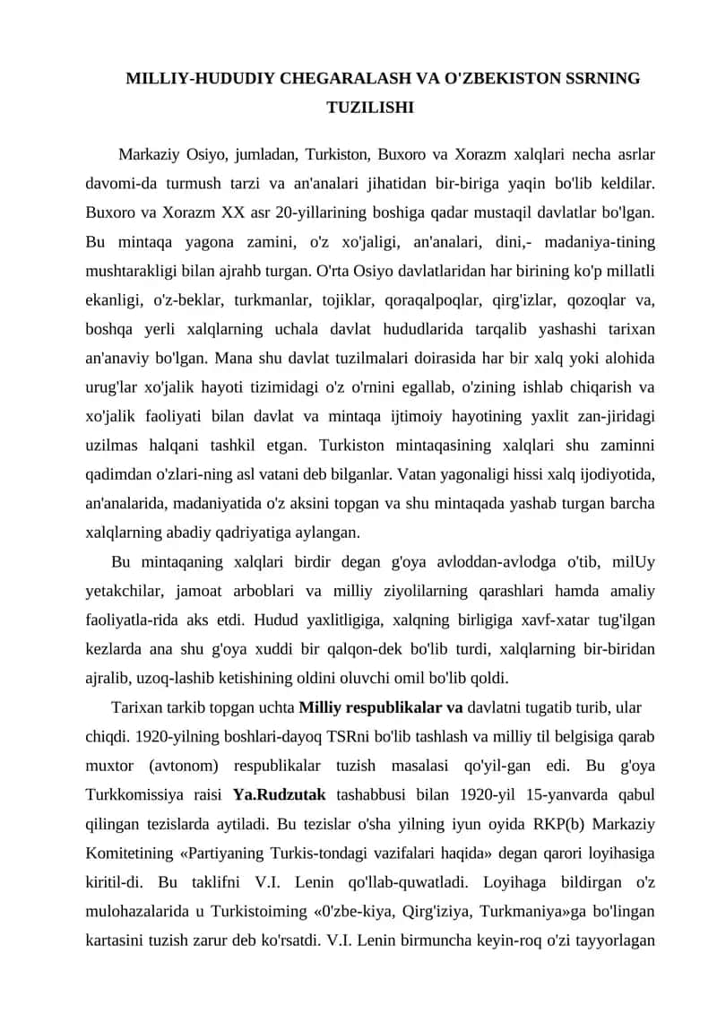 MILLIY-HUDUDIY CHEGARALASH VA O'ZBEKISTON SSRNING TUZILISHI 1