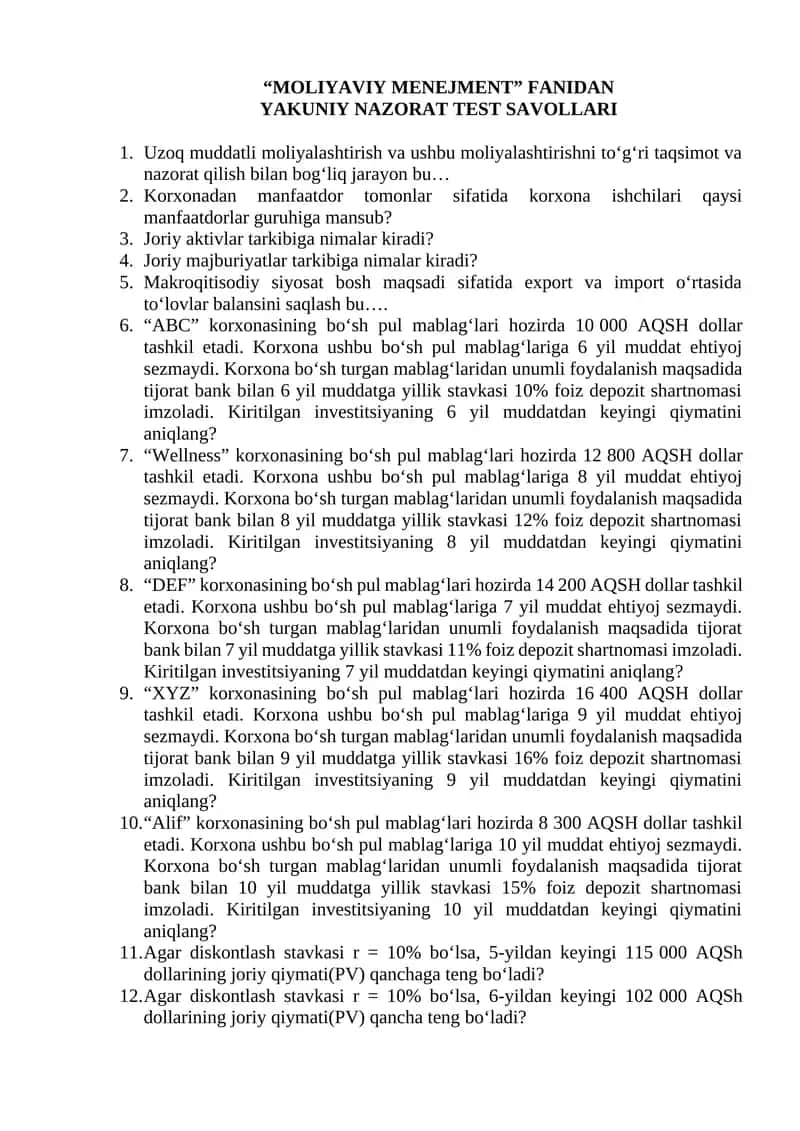YAKUNIY NAZORAT TEST SAVOLLARI 1