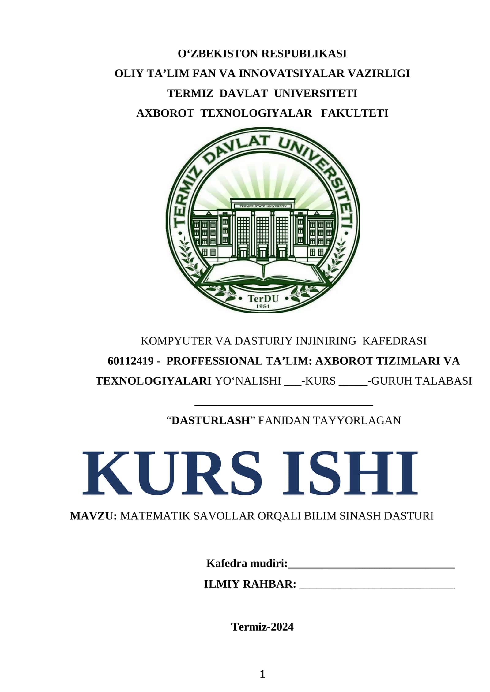 MATEMATIK SAVOLLAR ORQALI BILIM SINASH DASTURI 1
