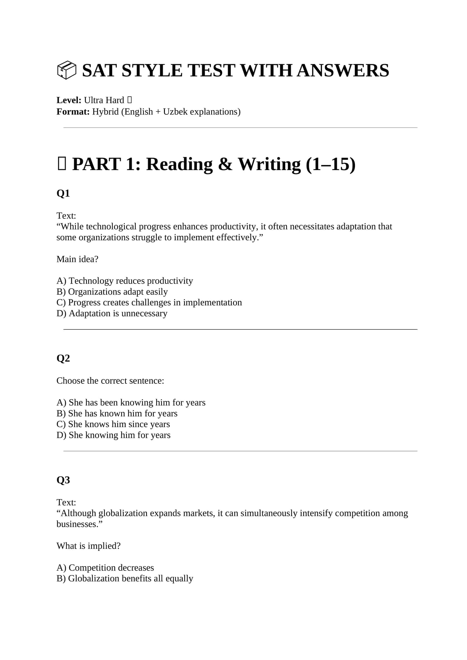 SAT STYLE TEST WITH ANSWERS 1