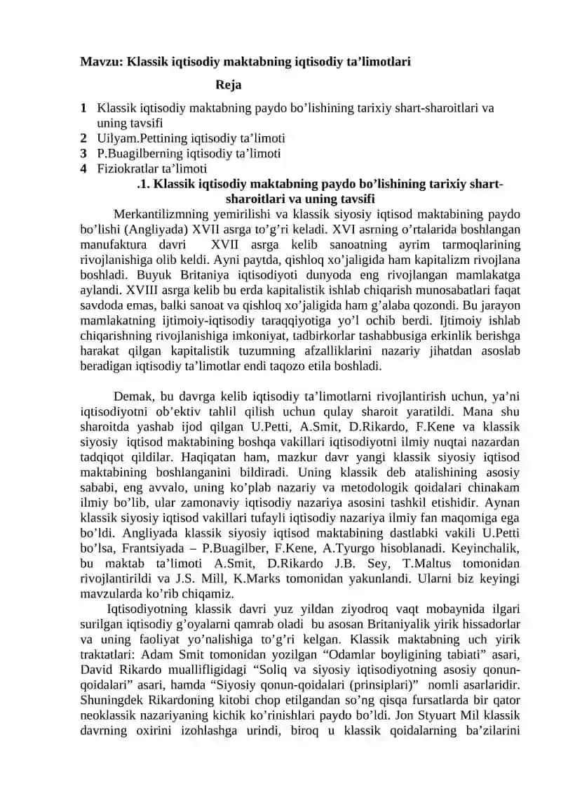 Klassik iqtisodiy maktabning iqtisodiy ta’limotlari
