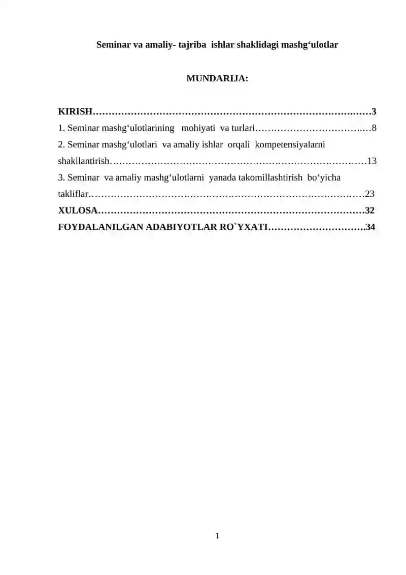 Seminar va amaliy- tajriba ishlar shaklidagi mashgʻulotlar