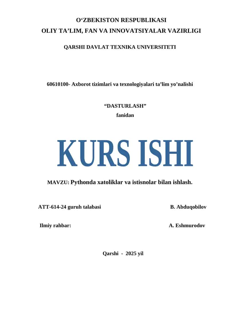 Pythonda xatoliklar va istisnolar bilan ishlash 1
