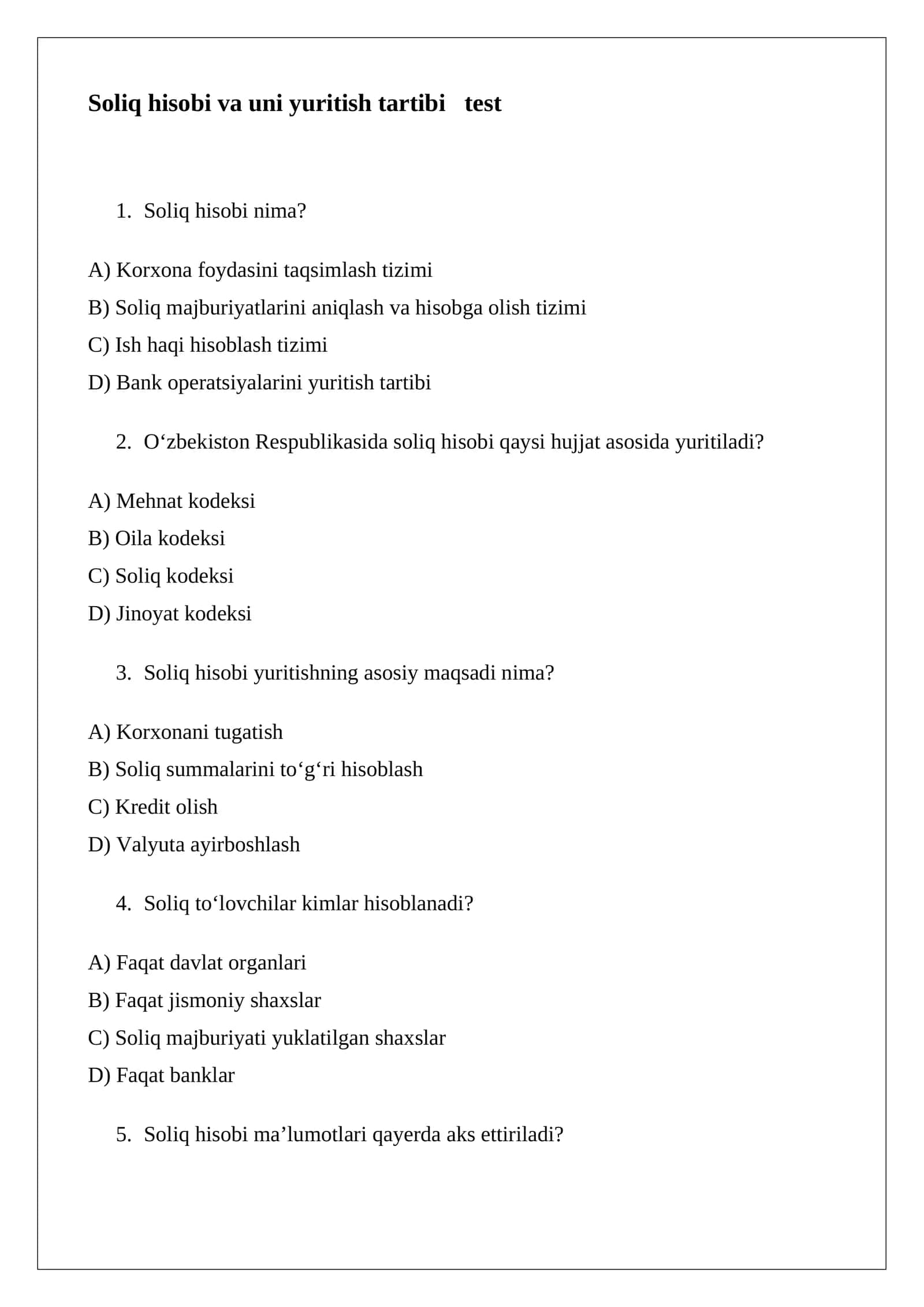 Soliq hisobi va uni yuritish tartibi test 1