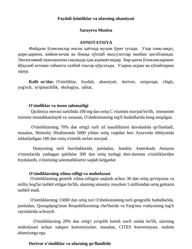 O'simliklar va inson salomatligi 1
