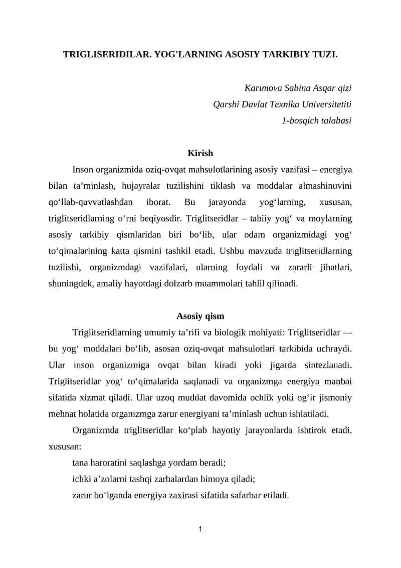 TRIGLISERIDILAR. YOG'LARNING ASOSIY TARKIBIY TUZI