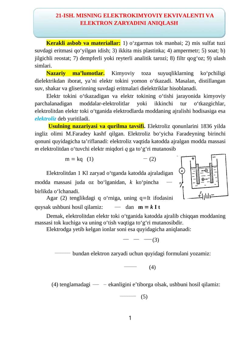 MISNING ELЕKTRОKIMYOVIY EKVIVАLЕNTI VА ELЕKTRОN ZАRYADINI АNIQLАSH 1