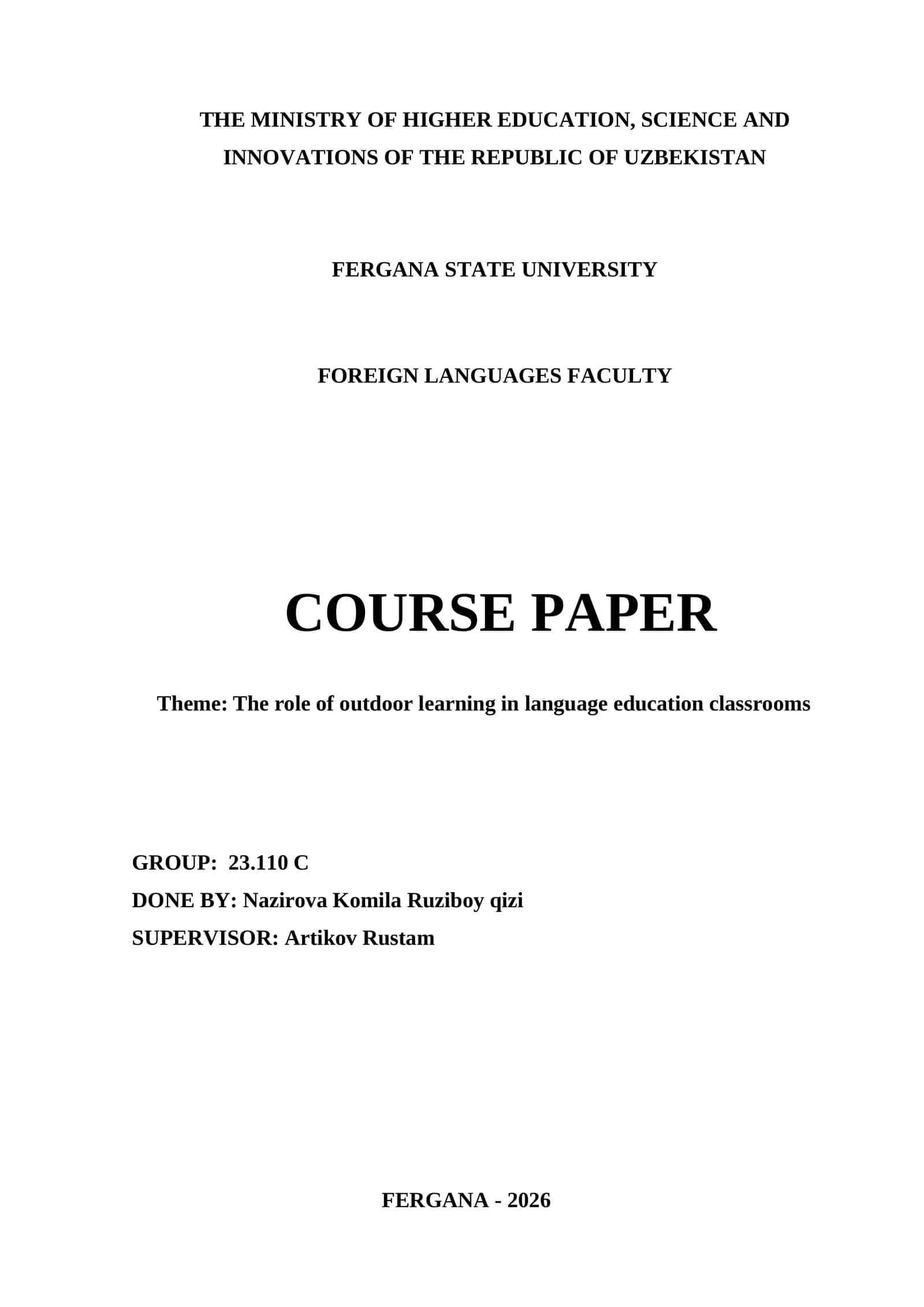 Course Paper on "The role of outdoor learning in language education classrooms" 1