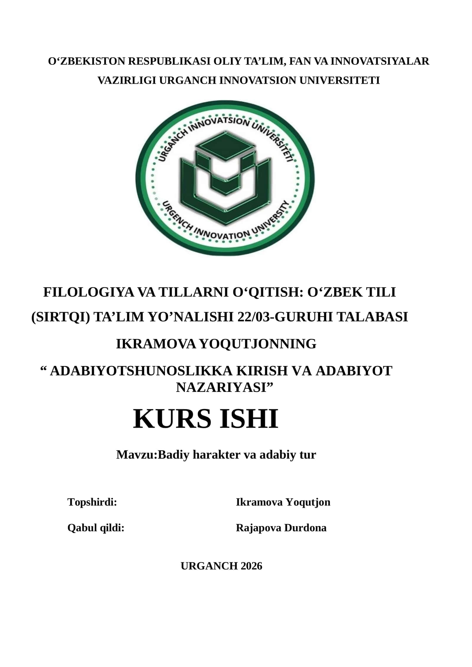 Badiy harakter va adabiy tur (KURS ISHI) 1
