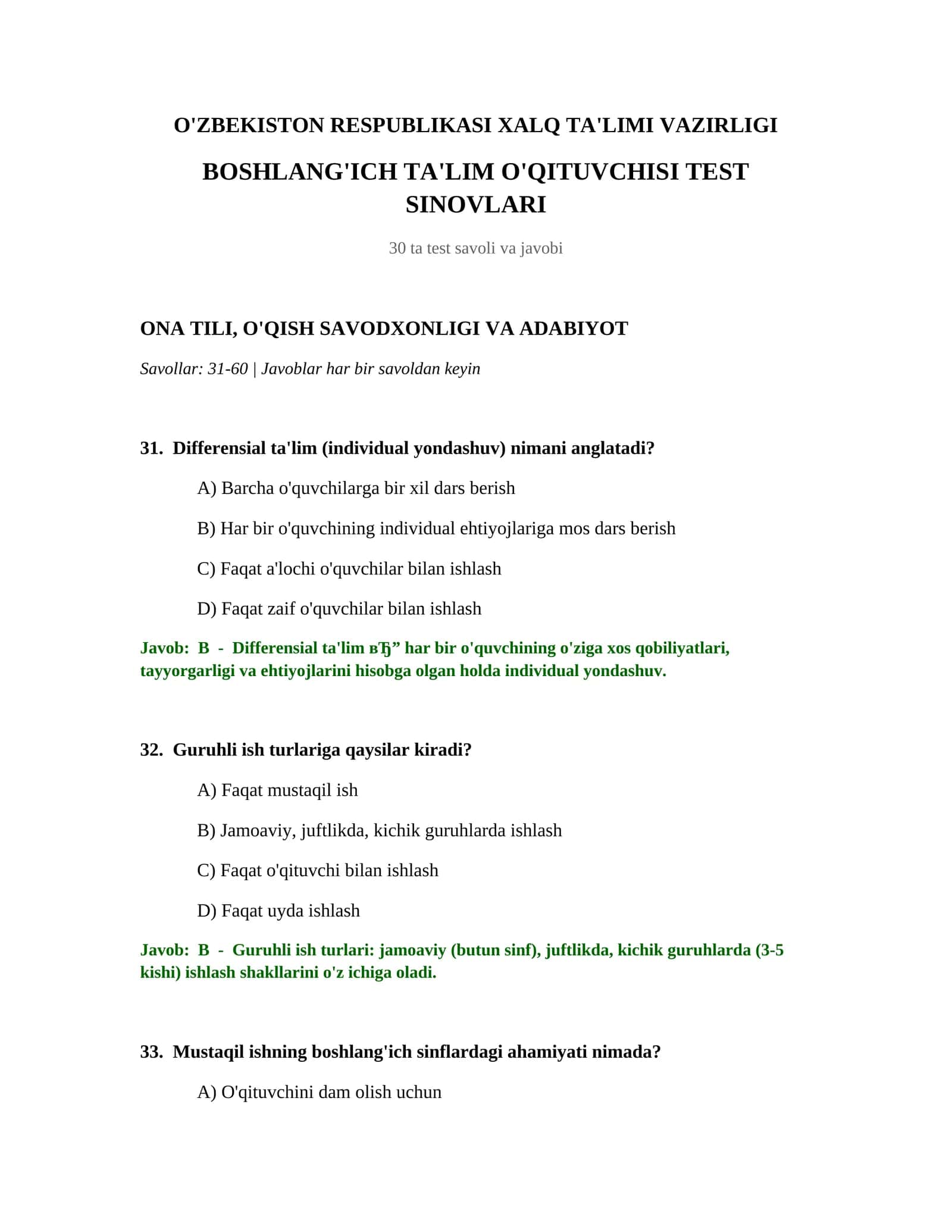 BOSHLANG'ICH TA'LIM O'QITUVCHISI TEST SINOVLARI 1