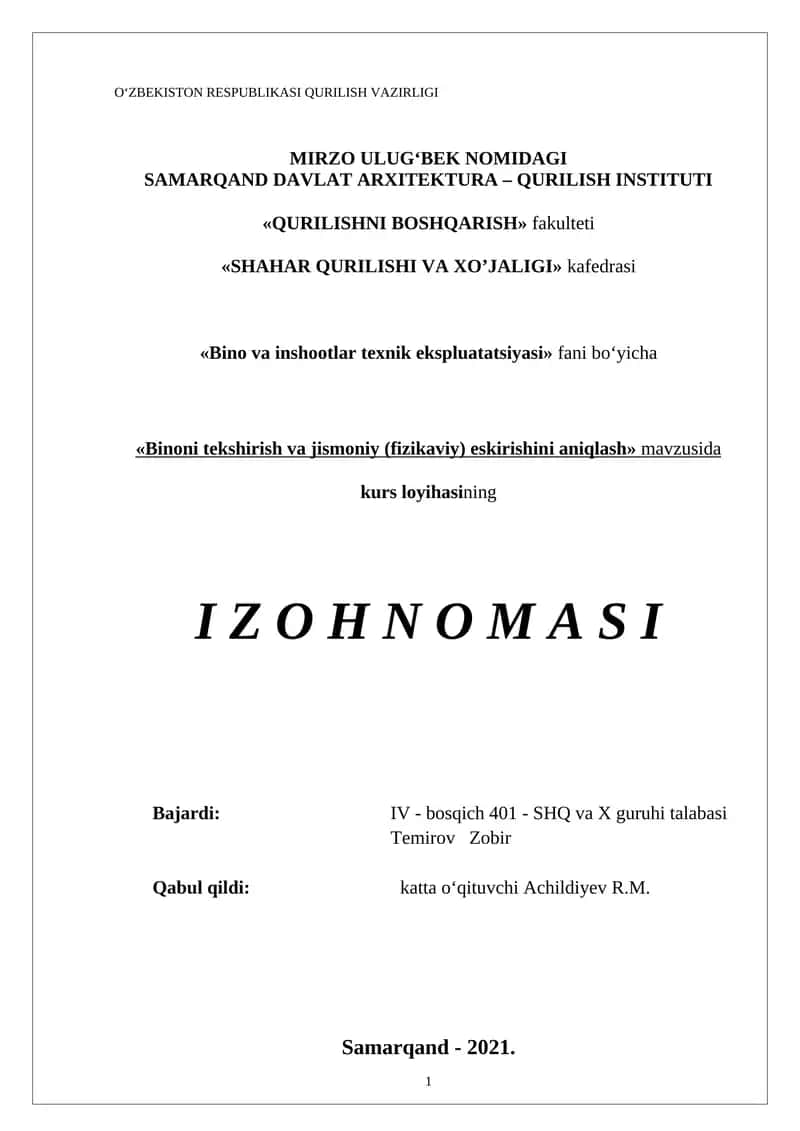 "Binoni tekshirish va jismoniy (fizikaviy) eskirishini aniqlash" 1