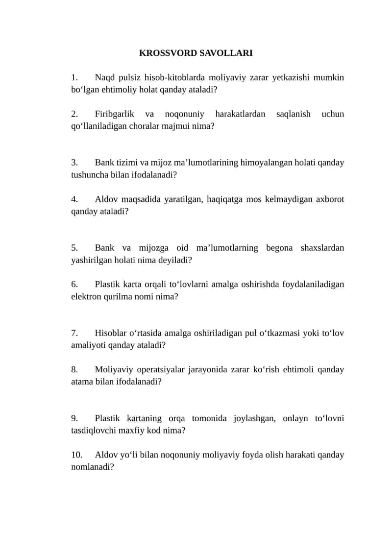 KROSSVORD SAVOLLARI 1