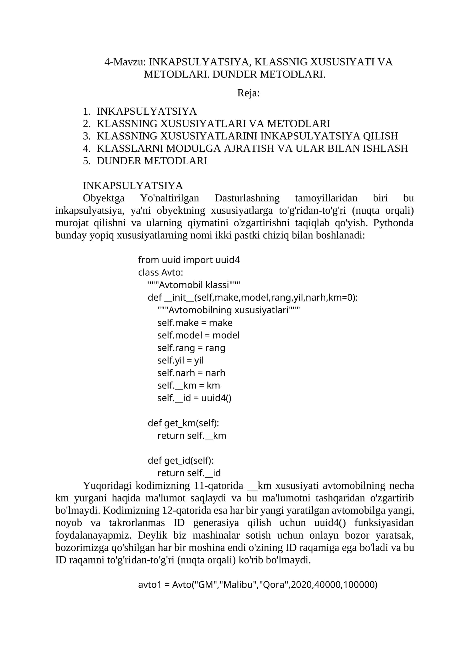 Inkapsulyatsiya, klassnig xususiyati va metodlari. Dunder metodlari 1