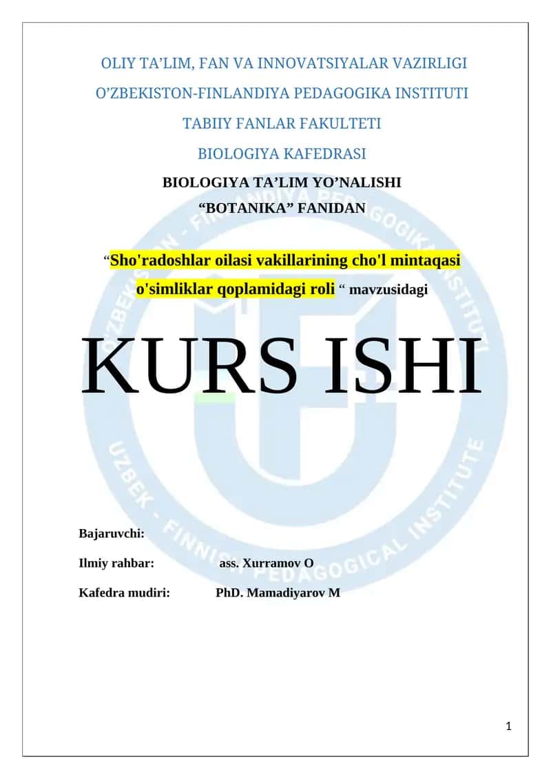 Biologiya Ta’lim Yonalishi Kurs Ishi 1