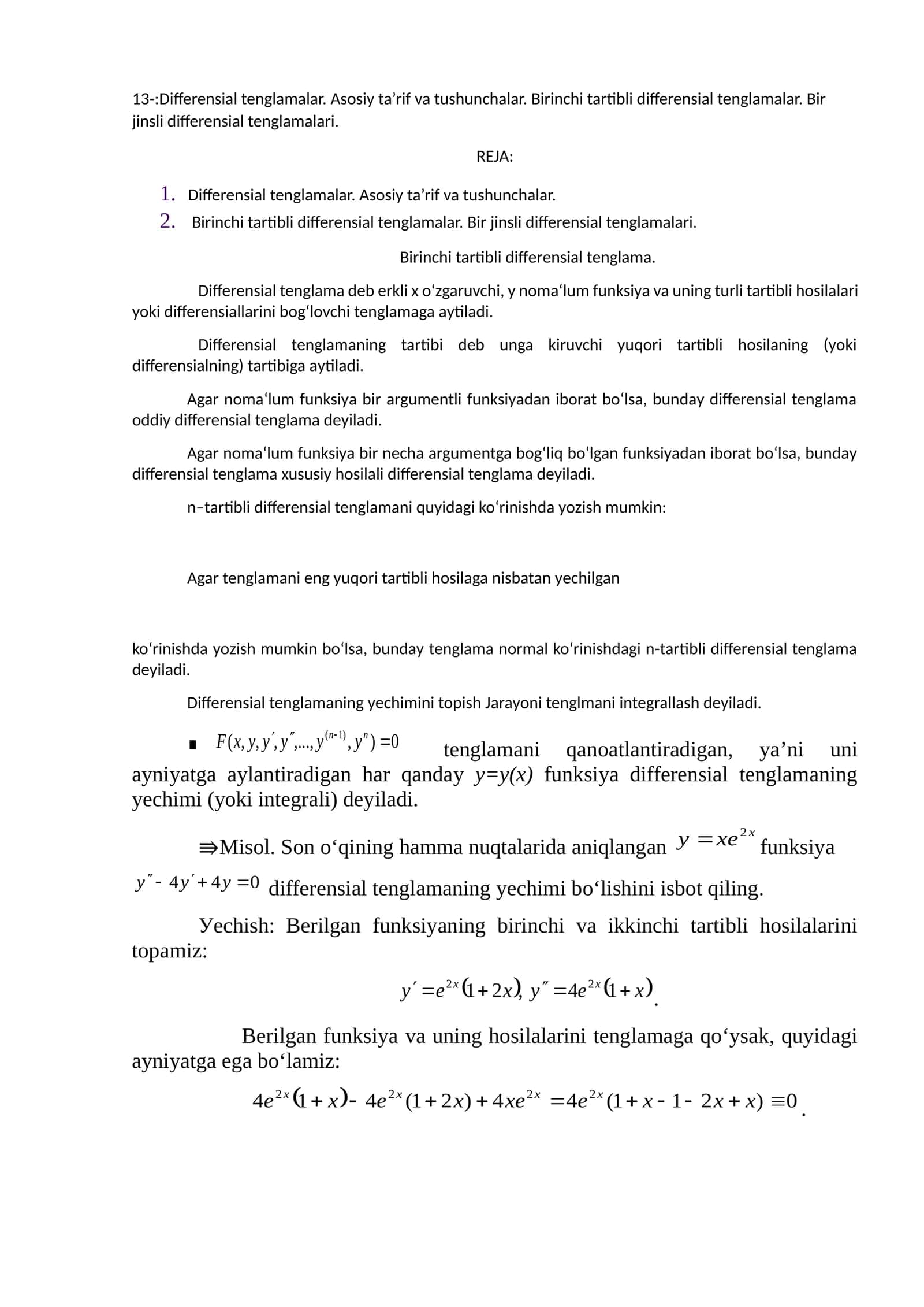 Differensial tenglamalar va birinchi tartibli differensial tenglamalar 1