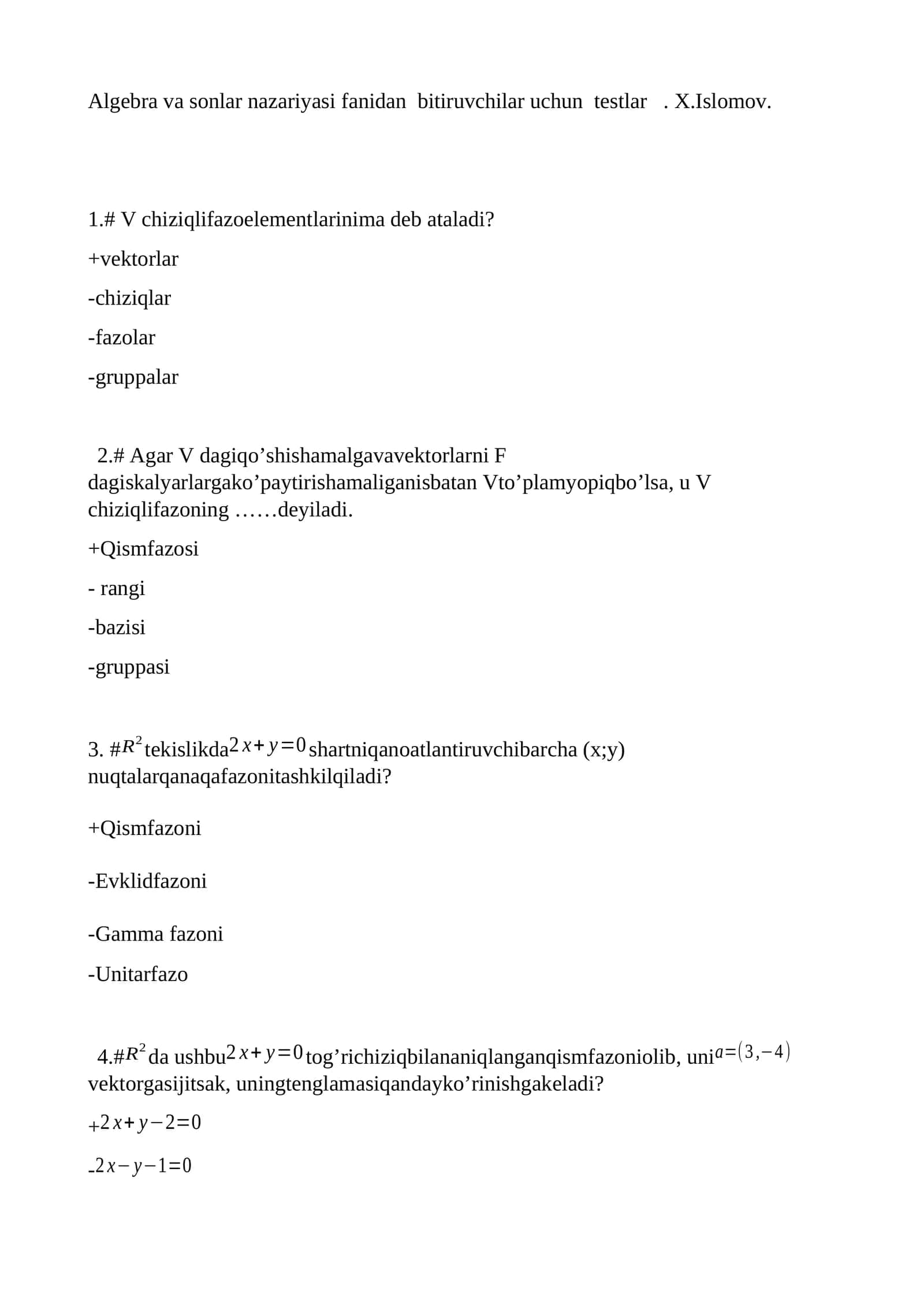 Algebra va sonlar nazariyasi fanidan bitiruvchilar uchun testlar 1