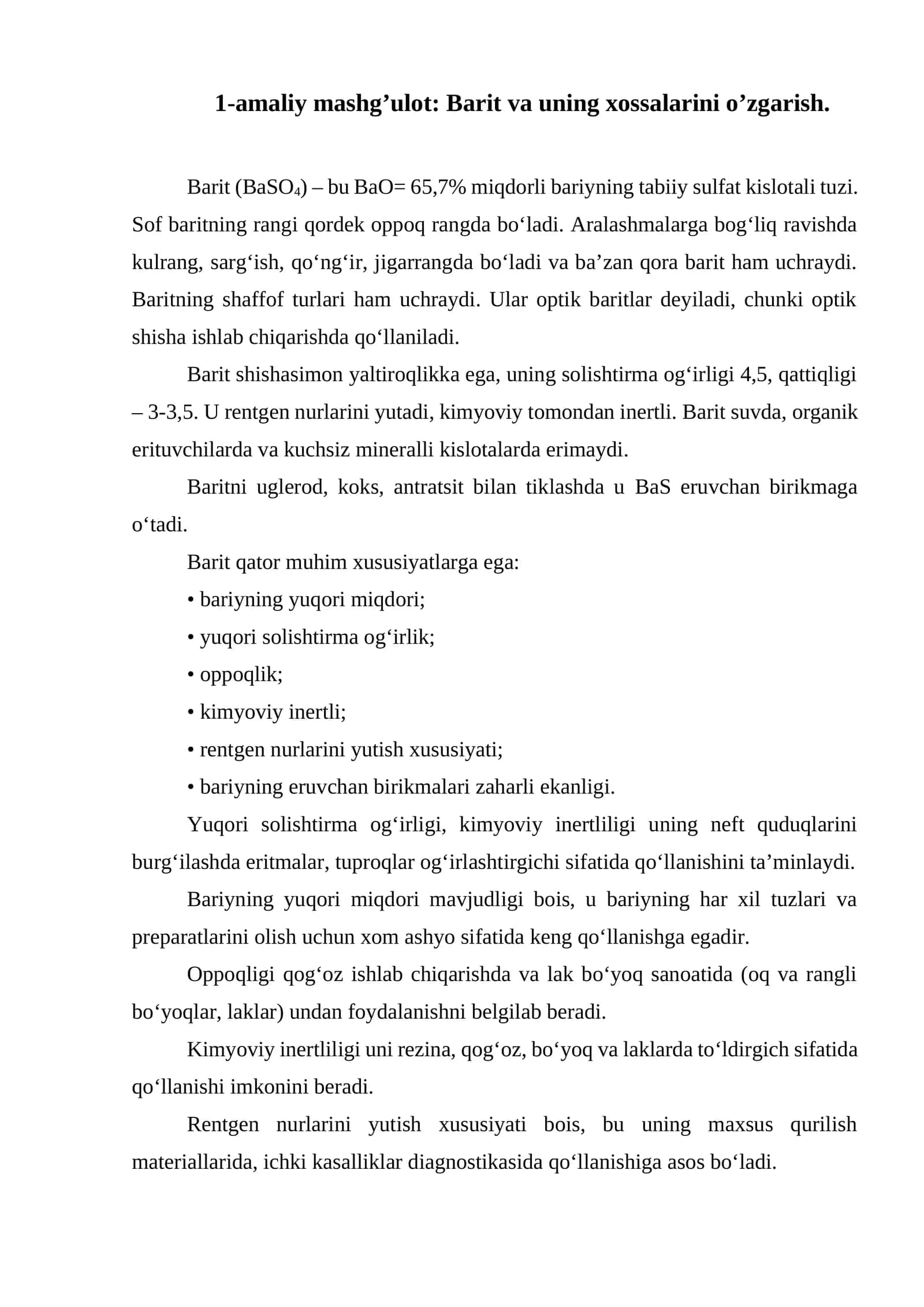 Barit va uning xossalarini o’zgarish 1