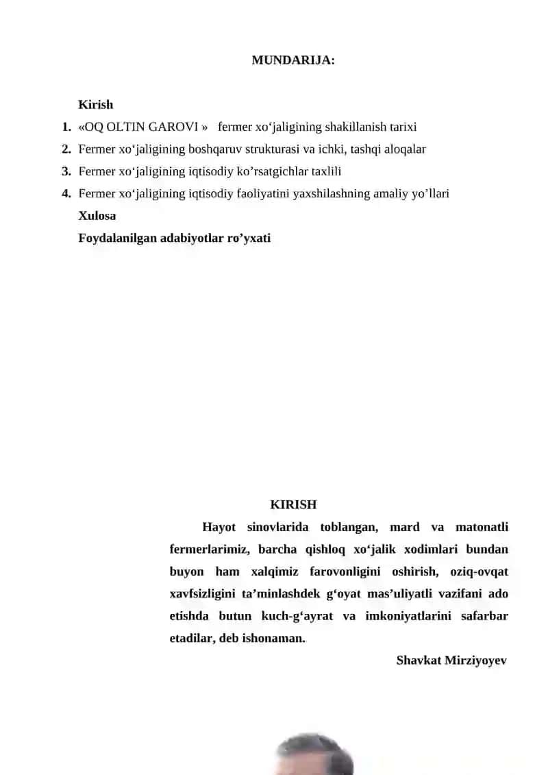 Fermer xo'jaligini rivojlantirish bo'ycha amaliyot hisoboti