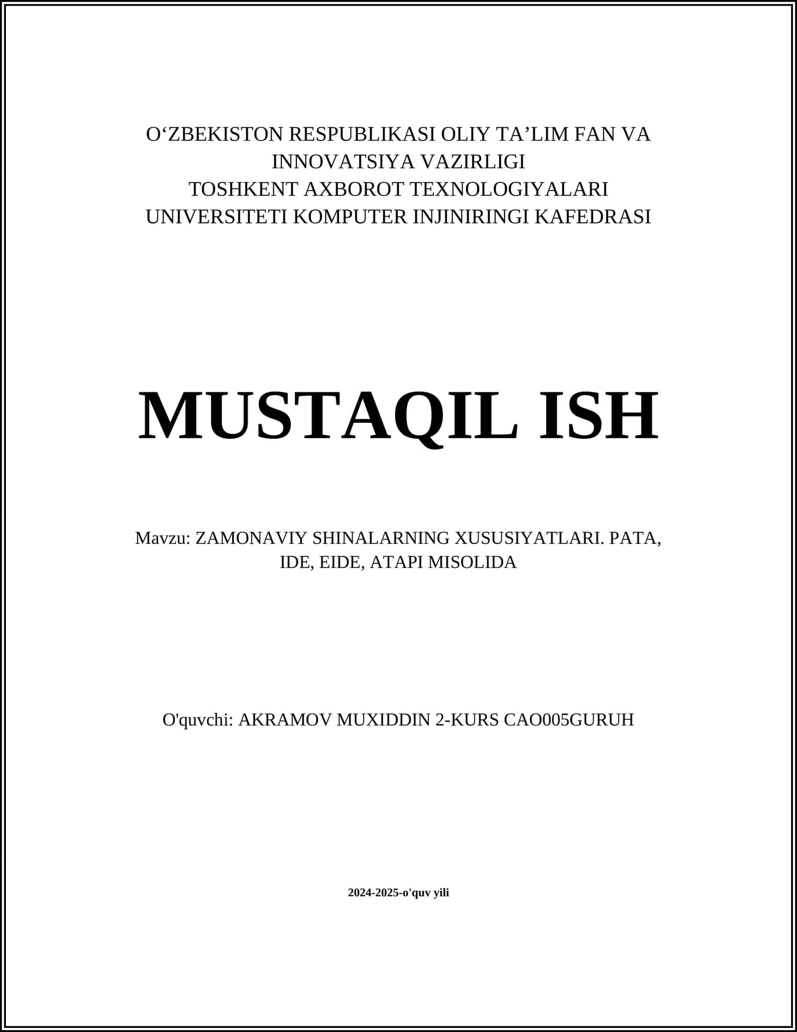 ZAMONAVIY SHINALARNING XUSUSIYATLARI. PATA, IDE, EIDE, ATAPI MISOLIDA 1
