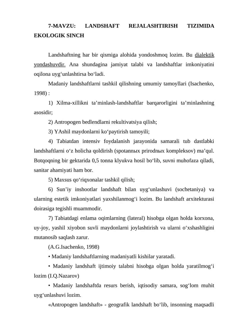 LANDSHAFT REJALASHTIRISH TIZIMIDA EKOLOGIK SINCH 1