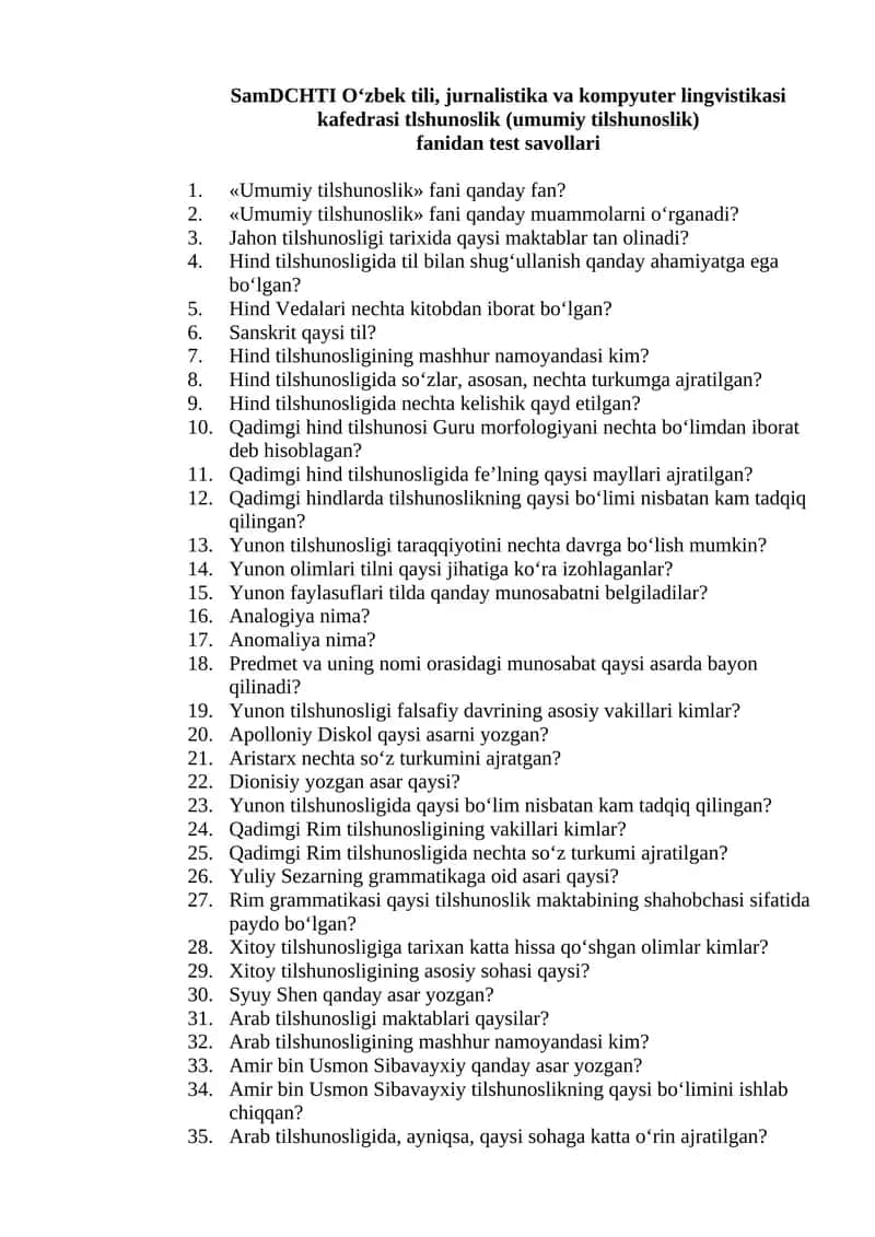 Umumiy tilshunoslik fanidan test savollari 1