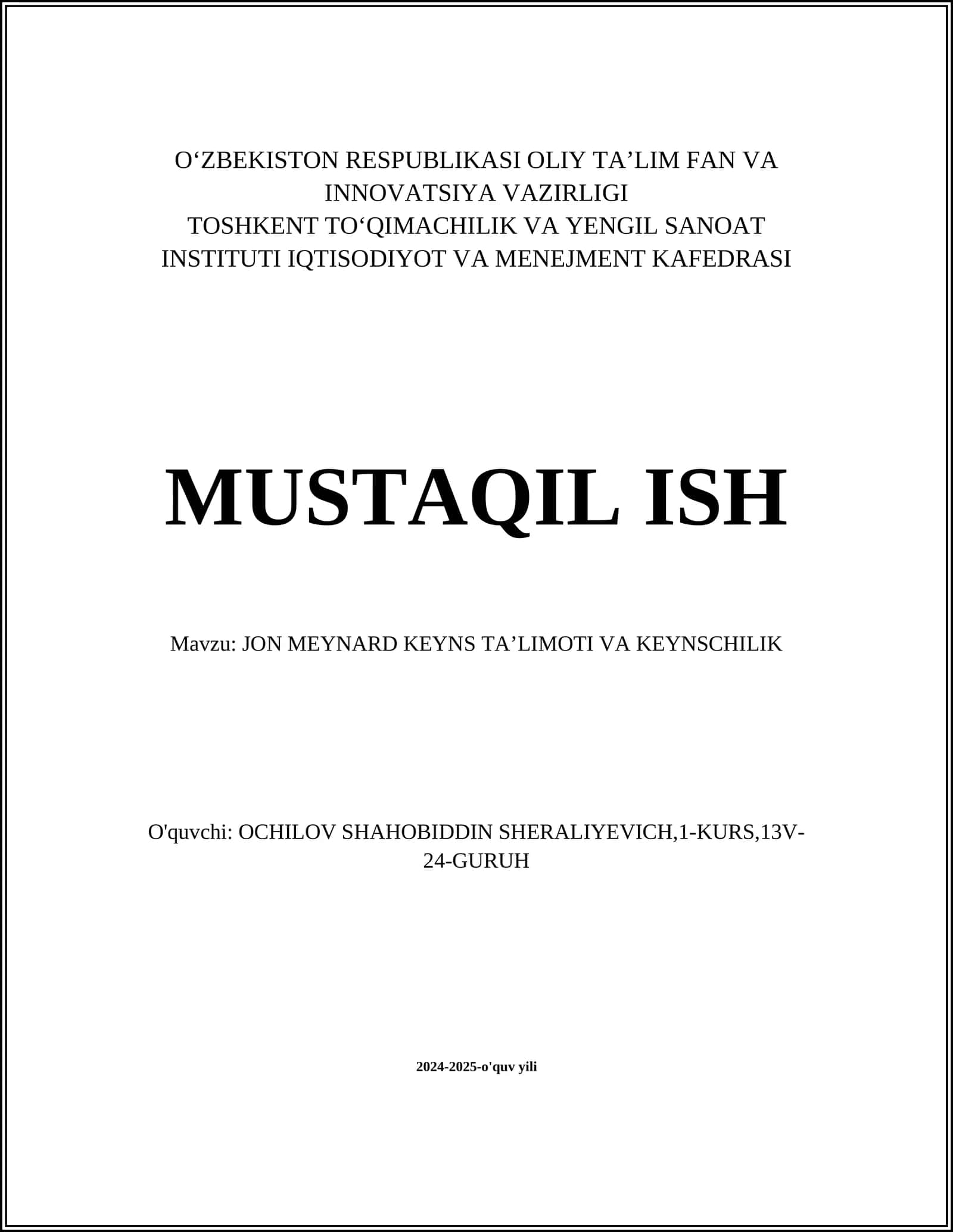 JON MEYNARD KEYNS TAʼLIMOTI VA KEYNSCHILIK 1