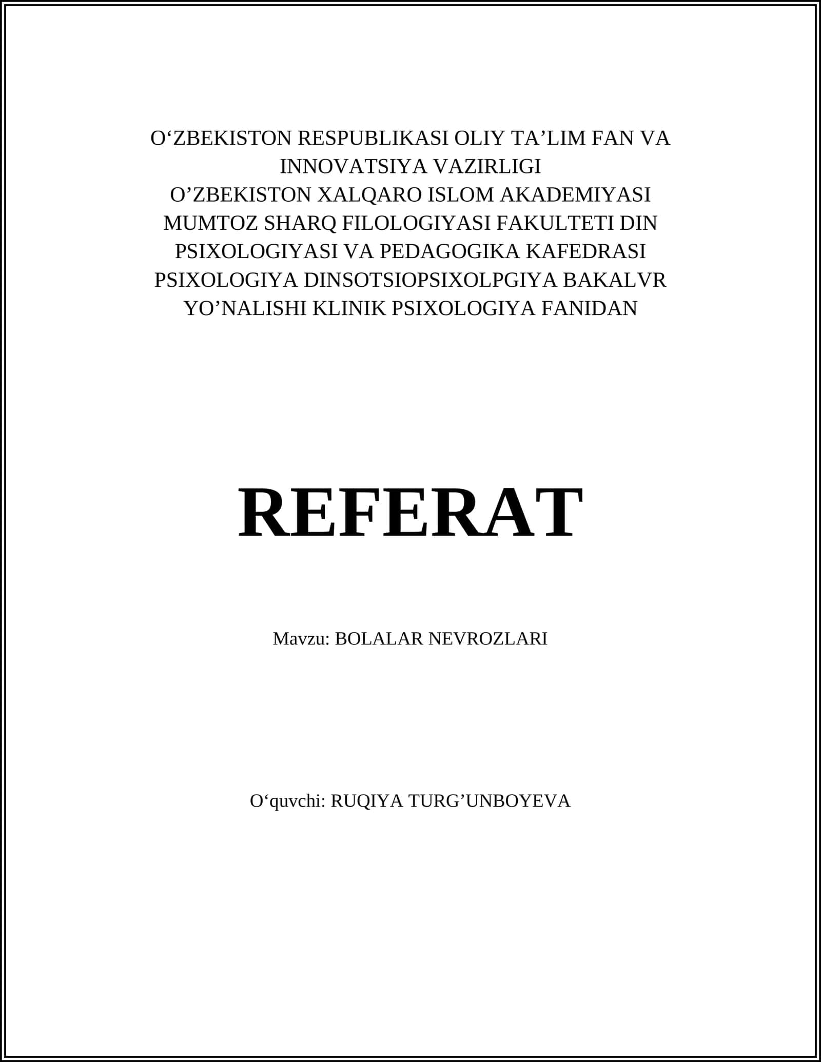 Mavzu: BOLALAR NEVROZLARI 1