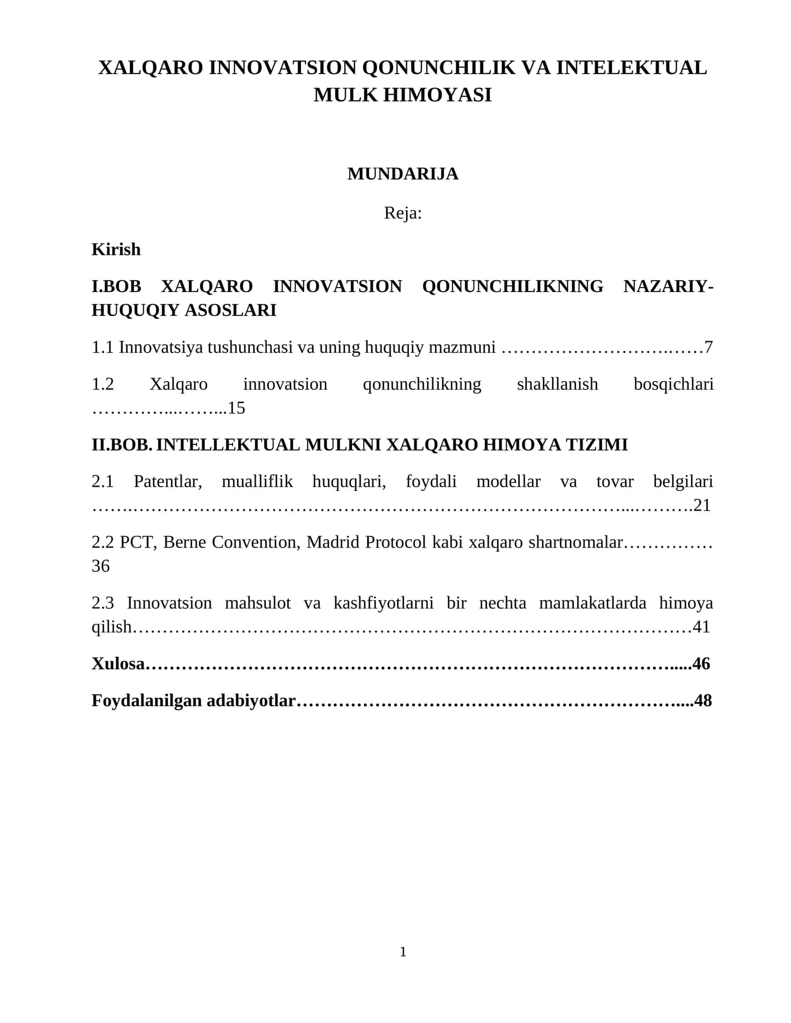 XALQARO INNOVATSION QONUNCHILIK VA INTELEKTUAL MULK HIMOYASI 1