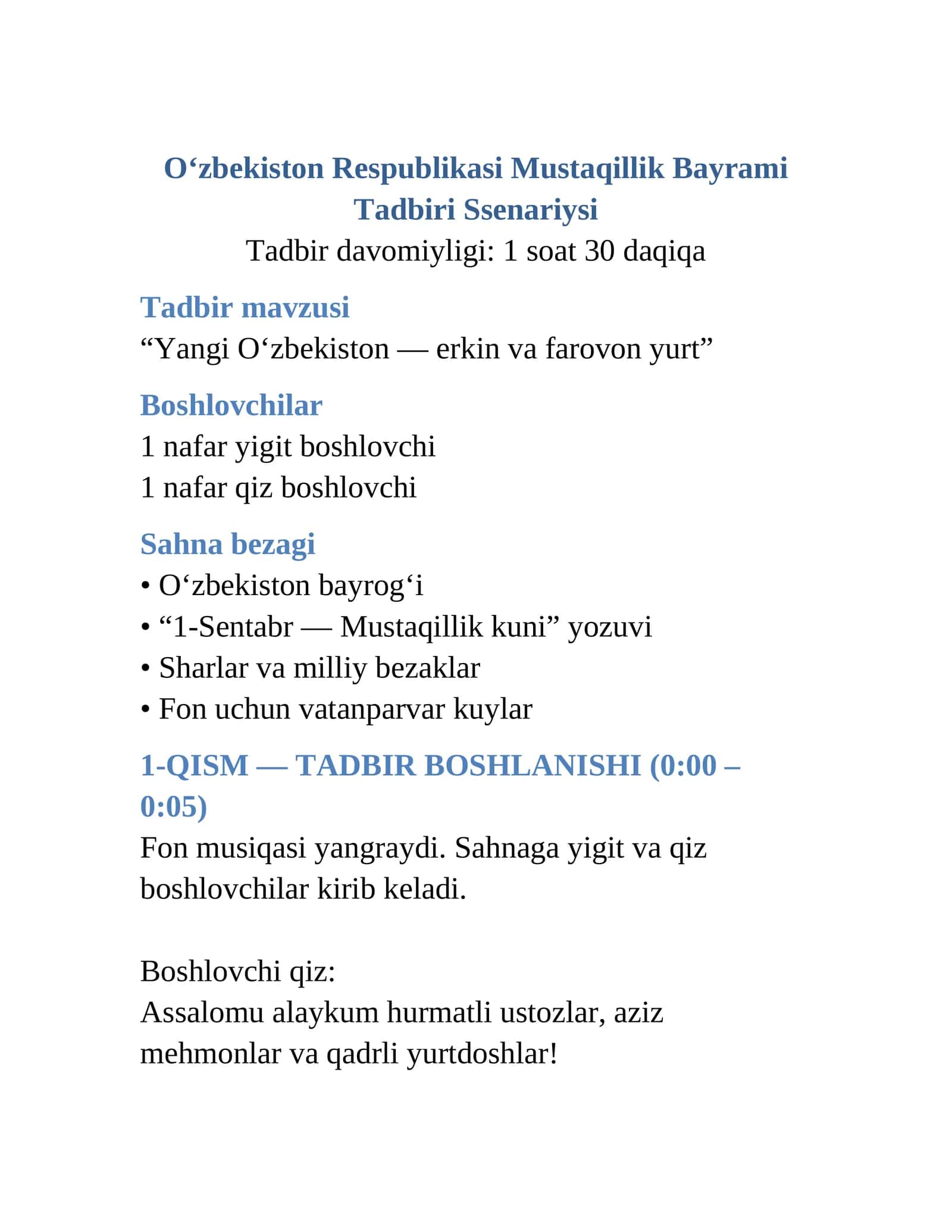 Mustaqillik bayram tadbiri ssenariysi 1