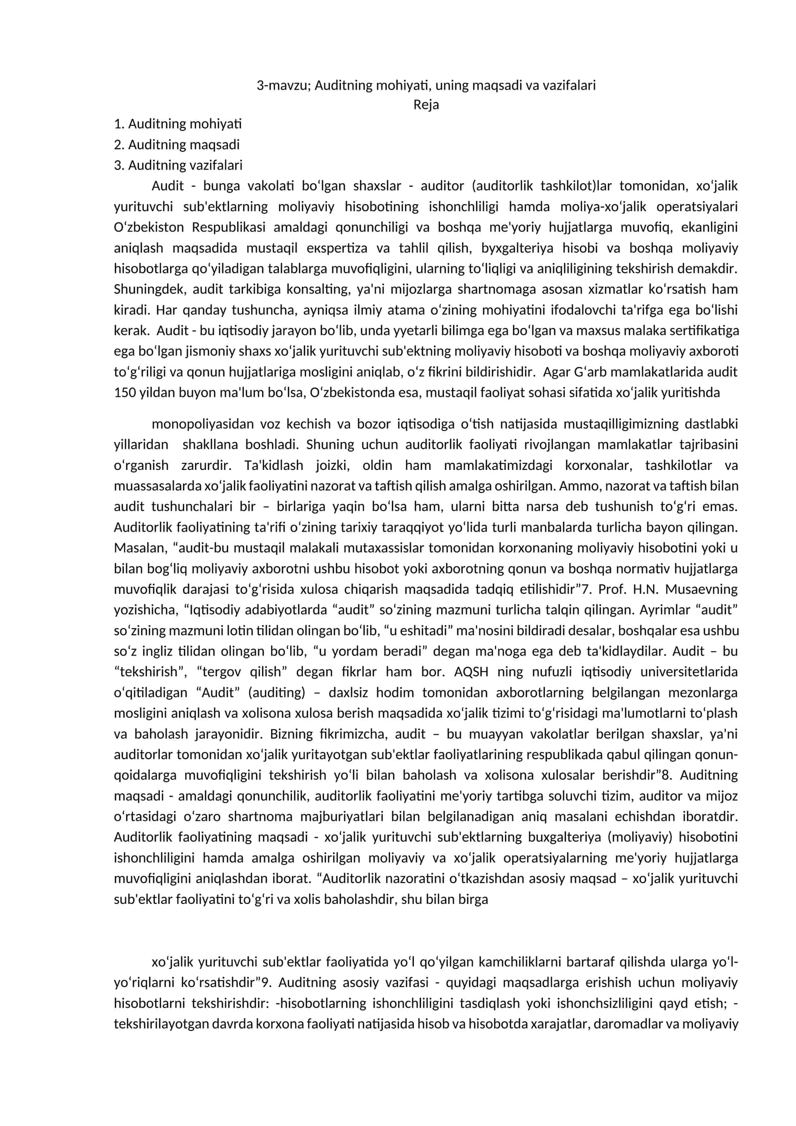 Auditning mohiyati, uning maqsadi va vazifalari 1