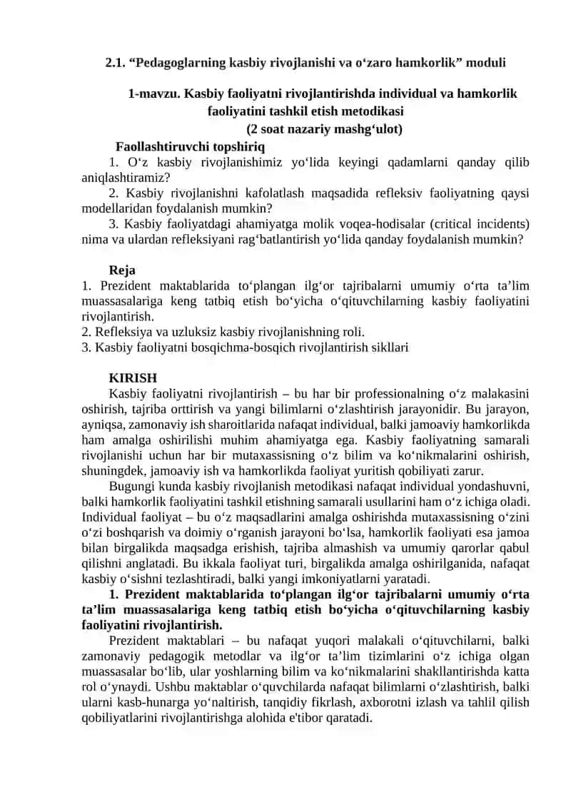 Kasbiy faoliyatni rivojlantirishda individual va hamkorlik faoliyatini tashkil etish metodikasi.