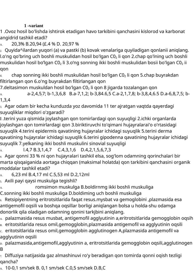fiziologiya test savollari 1