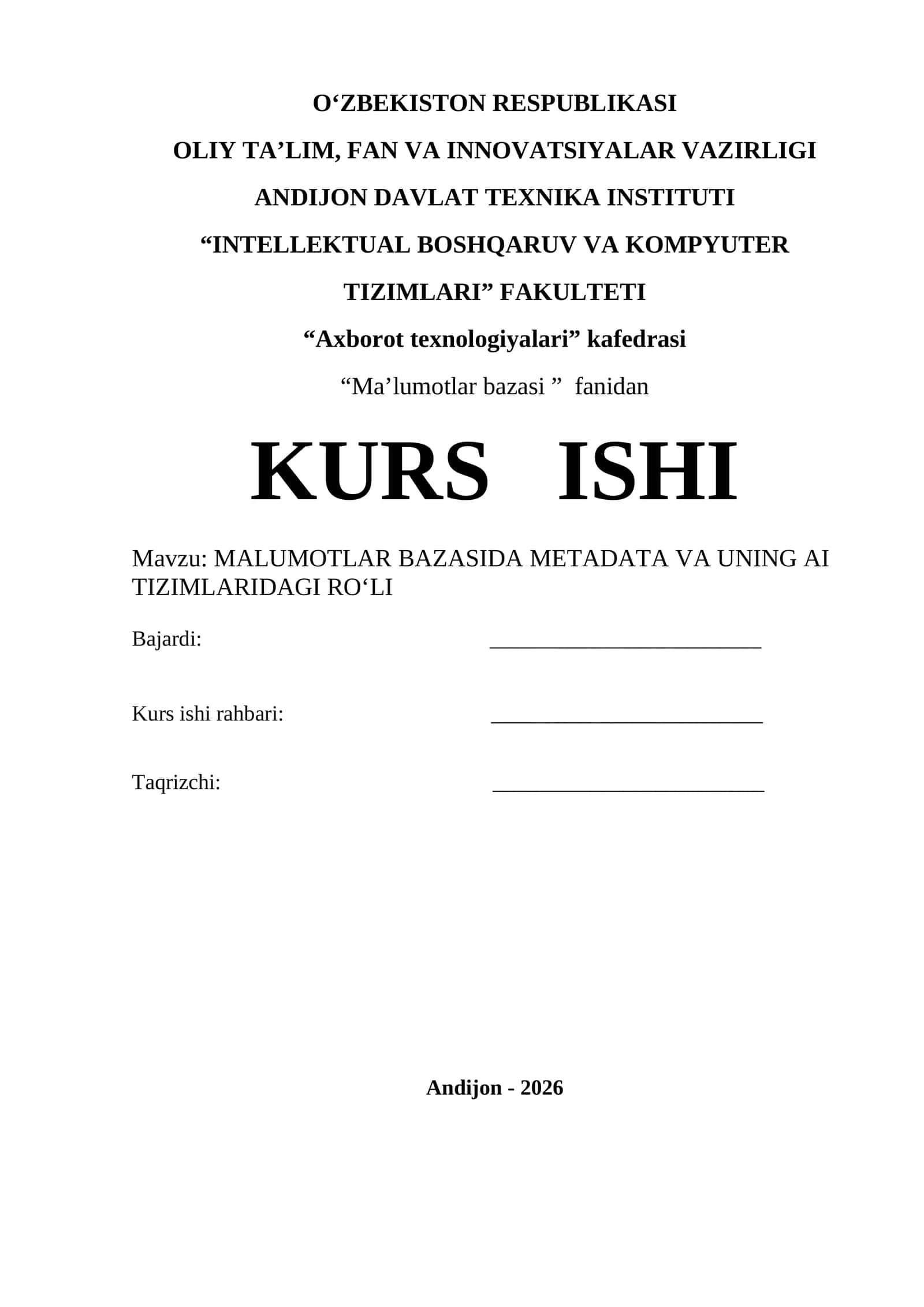 MALUMOTLAR BAZASIDA METADATA VA UNING AI TIZIMLARIDAGI RO‘LI 1