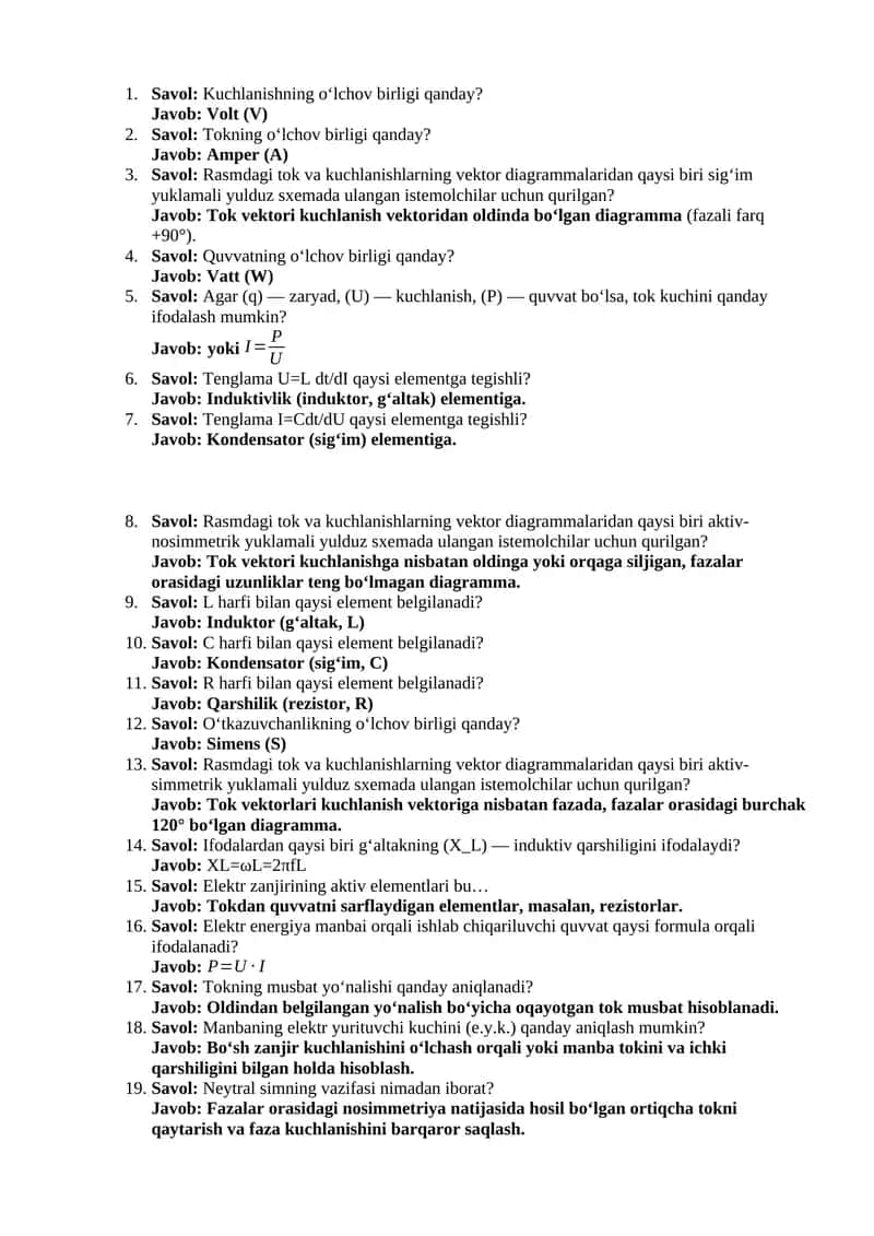 Rasmdagi tok va kuchlanishlarning vektor diagrammalari 1