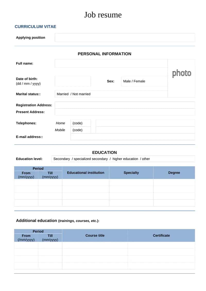 Job resume. Ish uchun rezume, Inglizcha 1