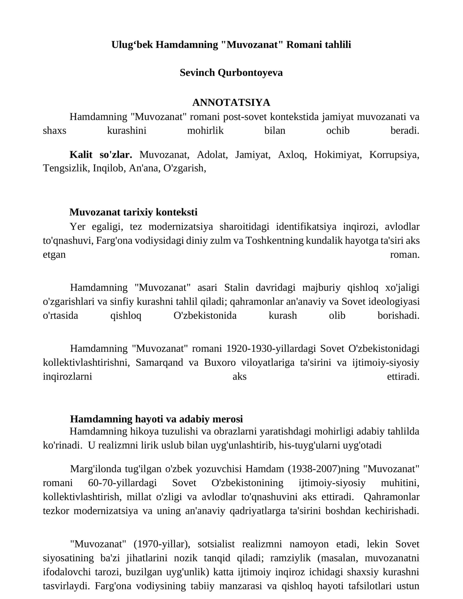 Ulugʻbek Hamdamning "Muvozanat" Romani tahlili 1