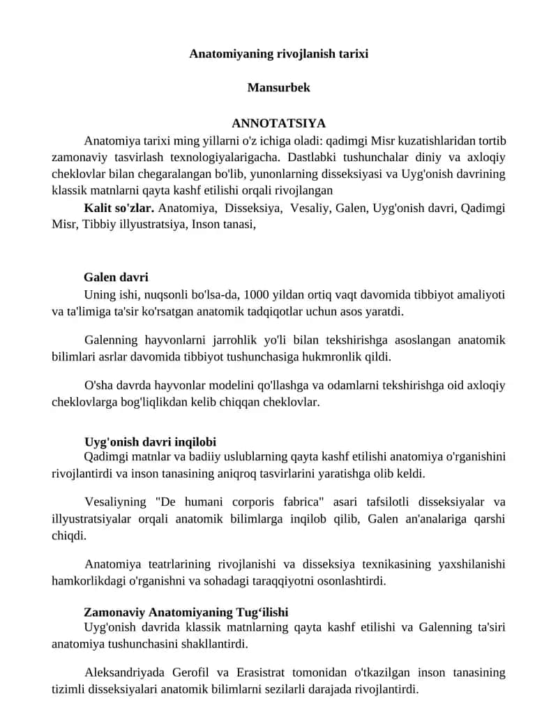 Anatomiyaning rivojlanish tarixi 1