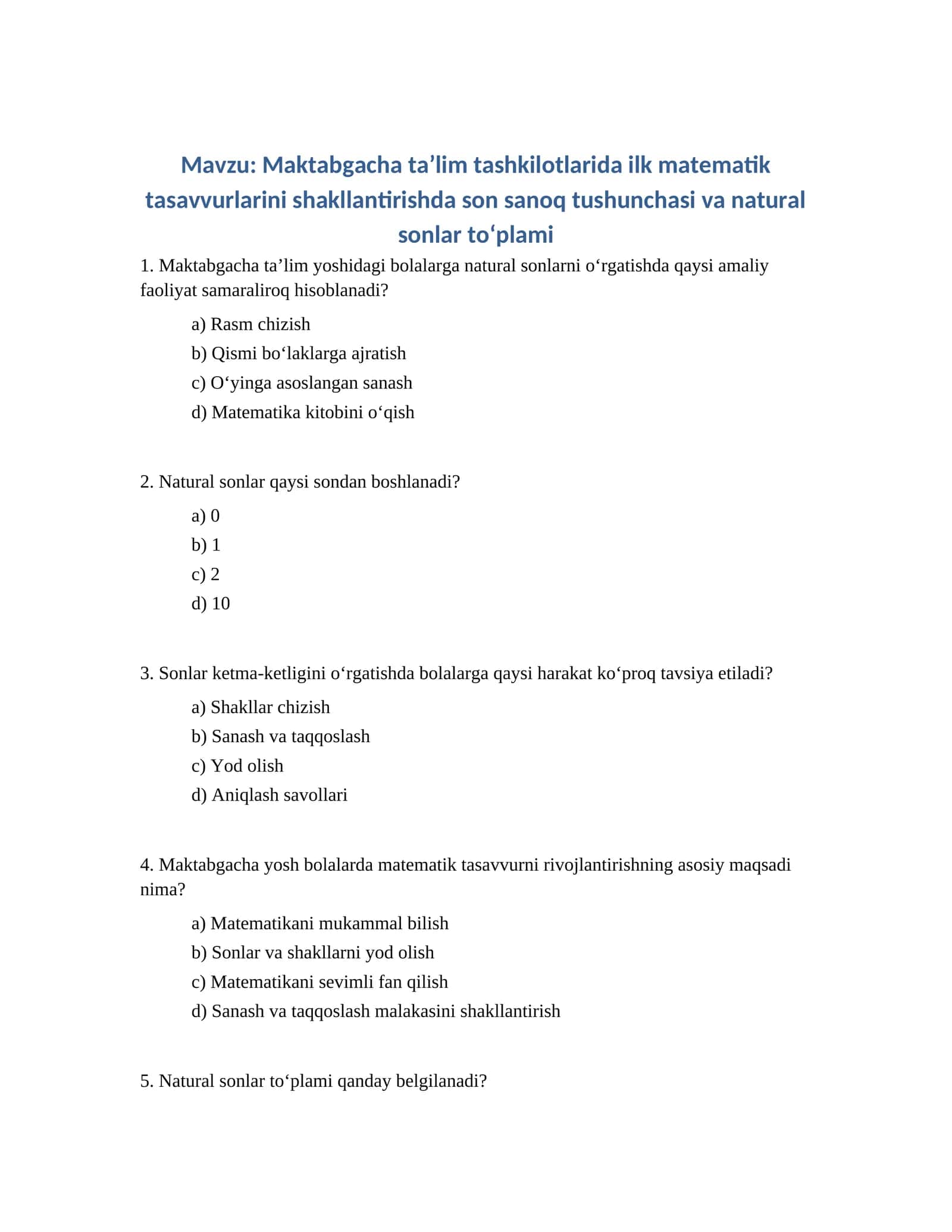 Maktabgacha taʼlim tashkilotlarida ilk matematik tasavvurlarini shakllantirishda son sanoq tushunchasi va natural sonlar to‘plami 1