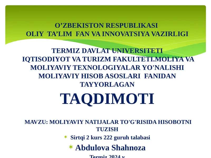 Moliyaviy natijalar to'g'risida hisobotni tuzish 1