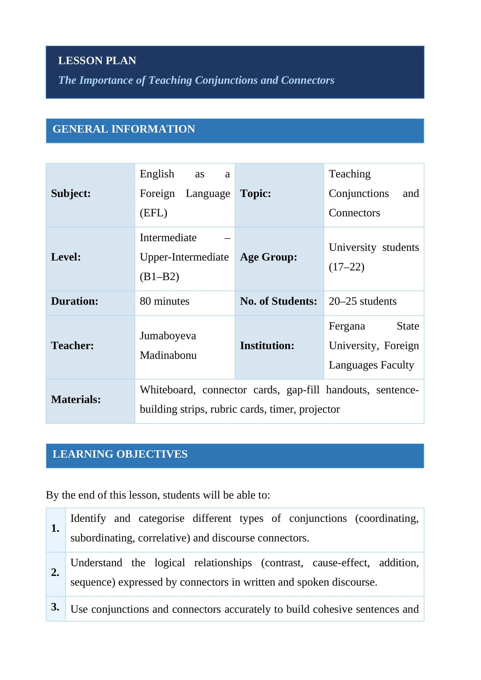 Lesson Plan - The Importance of Teaching Conjunctions and Connectors 1