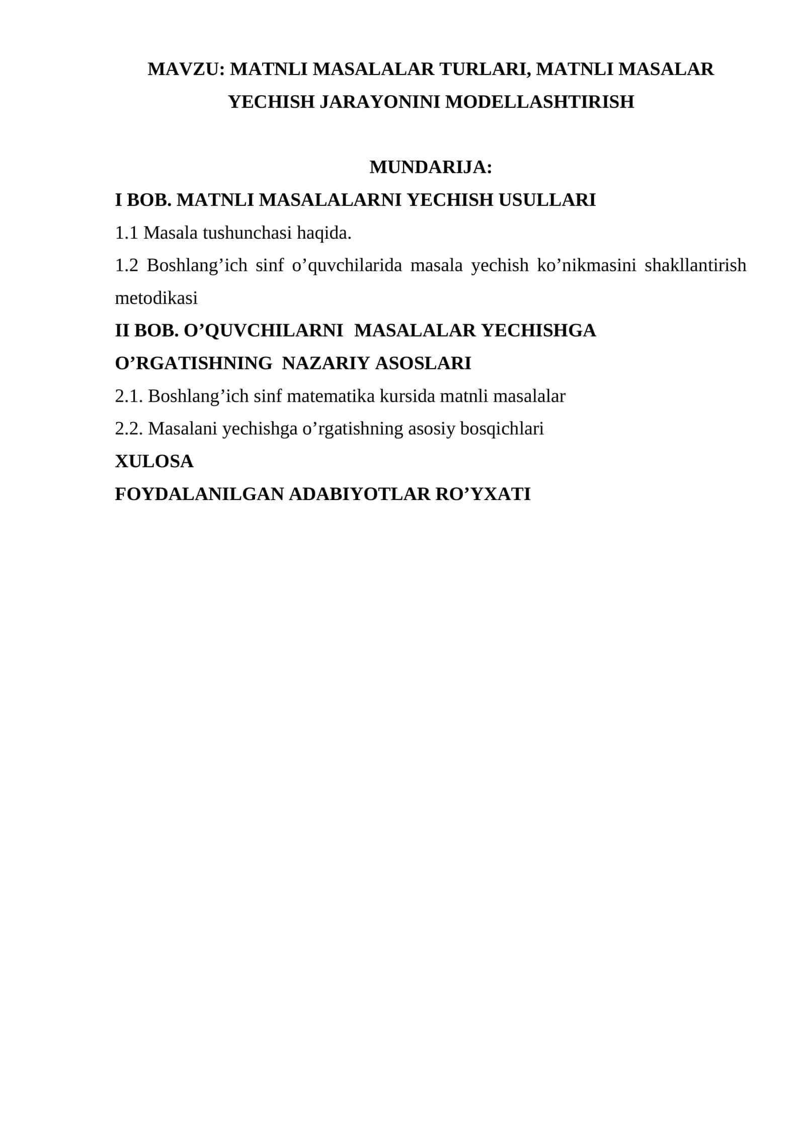 Matnli masalalar turlari, matnli masalar yechish jarayonini modellashtirish 1