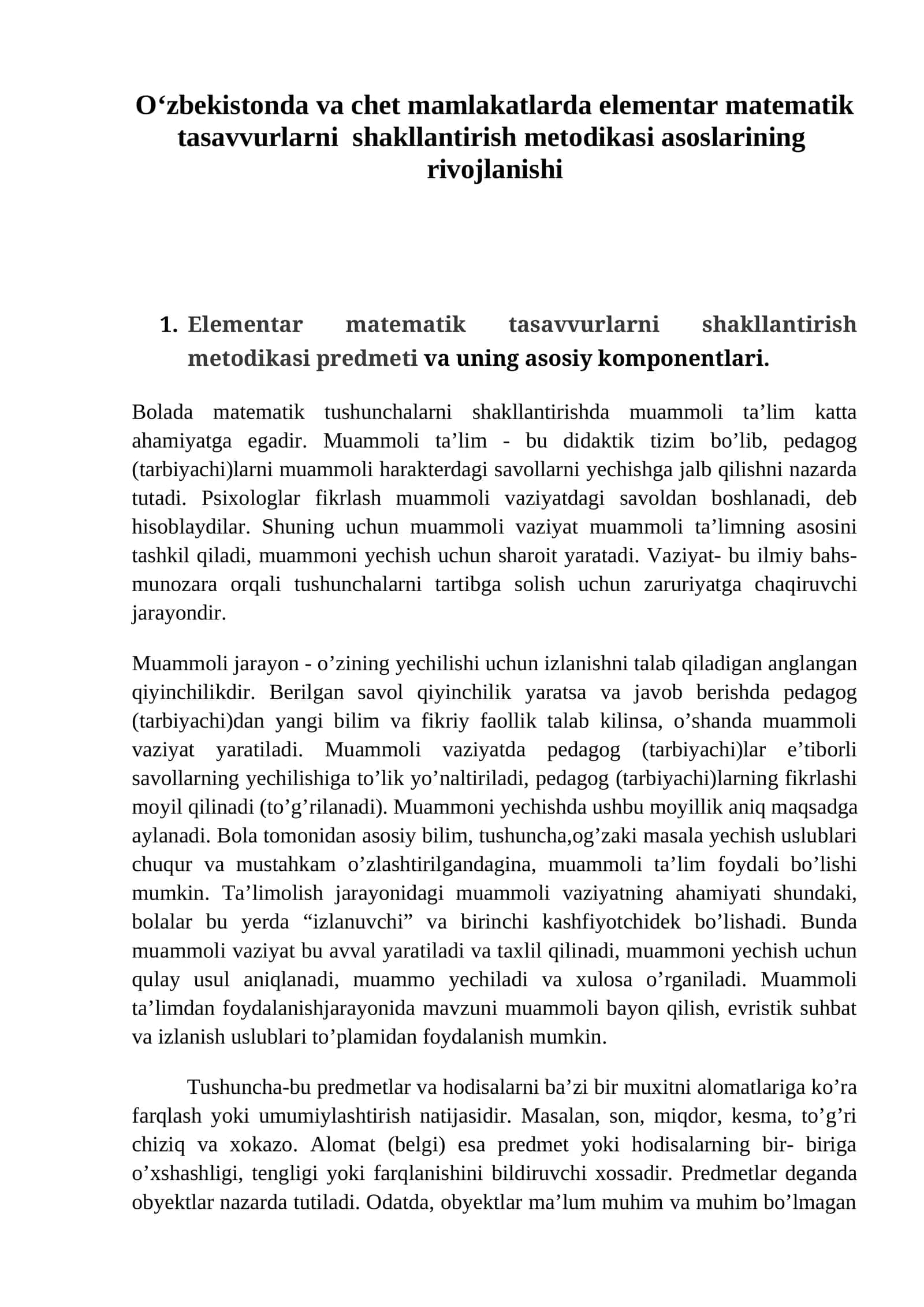 Elementar matematik tasavvurlarni shakllantirish metodikasi 1